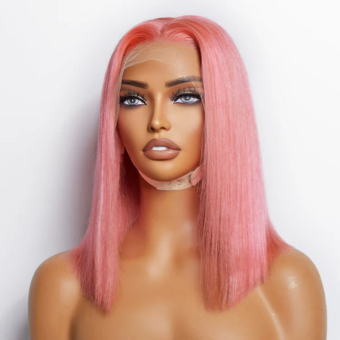 12 Inches Pre-Plucked 13"x4" #Pink Straight Bob Lace Frontal Wig 150% Density-100% Human Hair 12 Inches Pre-Plucked 13"x4" #Pink Straight Bob Lace Frontal Wig 150% Density-100% Human Hair