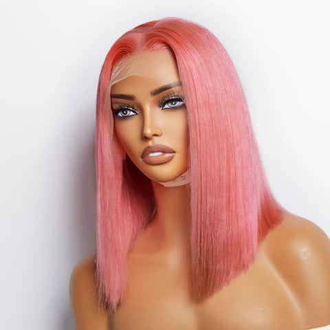 12 Inches Pre-Plucked 13"x4" #Pink Straight Bob Lace Frontal Wig 150% Density-100% Human Hair 12 Inches Pre-Plucked 13"x4" #Pink Straight Bob Lace Frontal Wig 150% Density-100% Human Hair