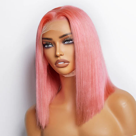 12 Inches Pre-Plucked 13"x4" #Pink Straight Bob Lace Frontal Wig 150% Density-100% Human Hair 12 Inches Pre-Plucked 13"x4" #Pink Straight Bob Lace Frontal Wig 150% Density-100% Human Hair