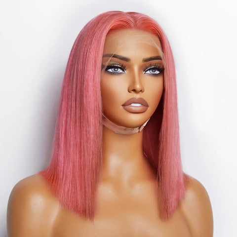 12 Inches Pre-Plucked 13"x4" #Pink Straight Bob Lace Frontal Wig 150% Density-100% Human Hair 12 Inches Pre-Plucked 13"x4" #Pink Straight Bob Lace Frontal Wig 150% Density-100% Human Hair