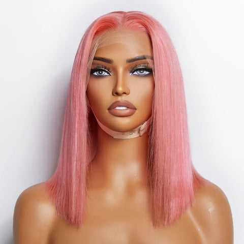 12 Inches Pre-Plucked 13"x4" #Pink Straight Bob Lace Frontal Wig 150% Density-100% Human Hair 12 Inches Pre-Plucked 13"x4" #Pink Straight Bob Lace Frontal Wig 150% Density-100% Human Hair