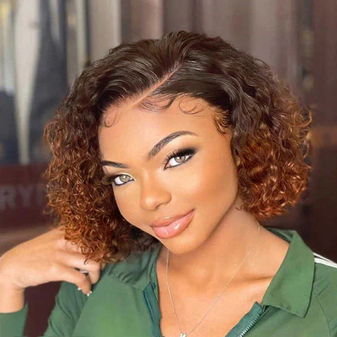 10 Inches Trendy Mix Brown Short Cut Curly HD Lace Glueless Side Part Wig