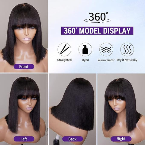 12 Inch Realistic Yaki Straight Bob With Bangs 2x1 Minimalist Lace Wig 150% Density