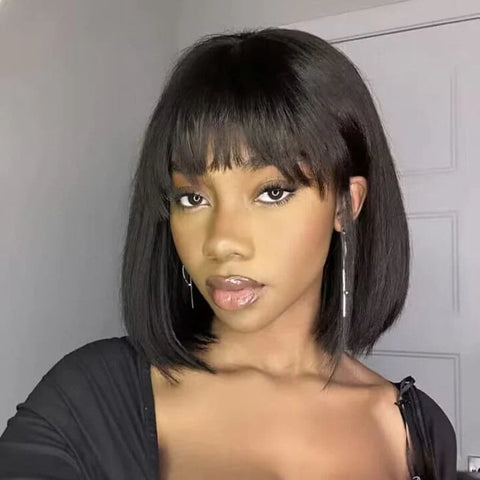 12 Inch Realistic Yaki Straight Bob With Bangs 2x1 Minimalist Lace Wig 150% Density