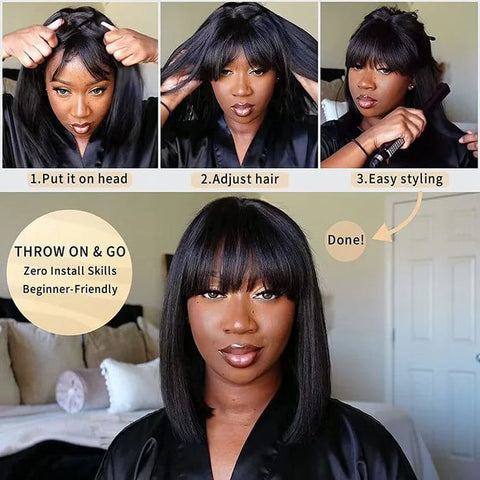 12 Inch Realistic Yaki Straight Bob With Bangs 2x1 Minimalist Lace Wig 150% Density