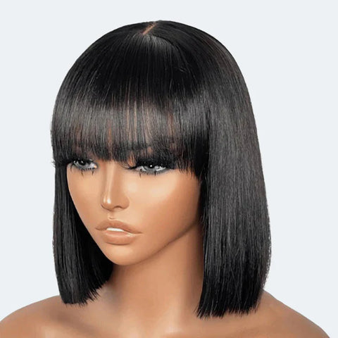 12 Inch Realistic Yaki Straight Bob With Bangs 2x1 Minimalist Lace Wig 150% Density