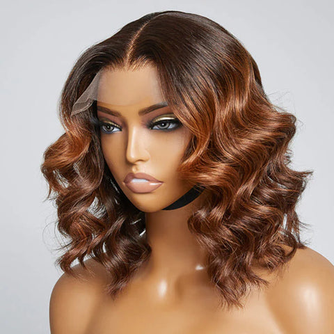 12 Inches Elegant Brown Ombre Loose Wave T-Part HD Lace Glueless Short Wig 100% Human Hair