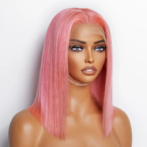 12 Inches Pre-Plucked 13"x4" #Pink Straight Bob Lace Frontal Wig 150% Density-100% Human Hair