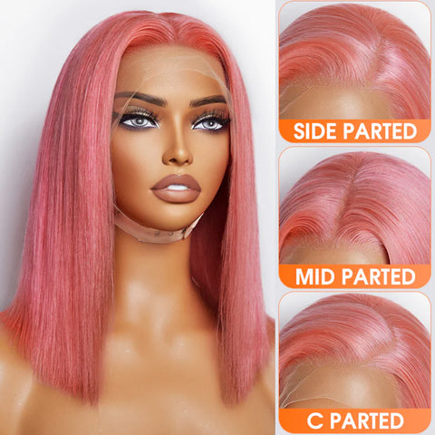 12 Inches Pre-Plucked 13"x4" #Pink Straight Bob Lace Frontal Wig 150% Density-100% Human Hair