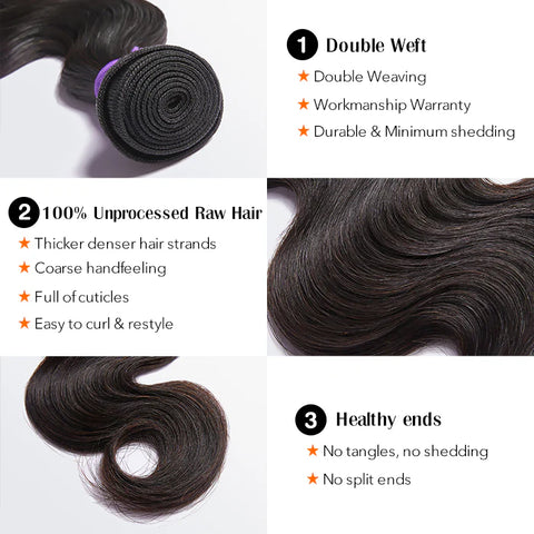 10-30 Inch 12A Premium Raw Indian Hair Body Wavy #1B Natural Black｜One Bundle