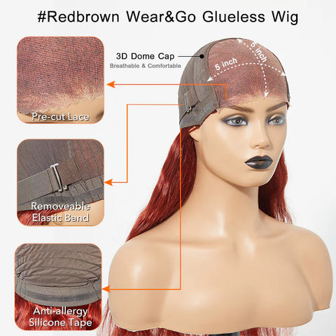 24 Inches 5"x5" Body Wavy Wear & Go Glueless #Redbrown Lace Closure Wig-100% Human Hair