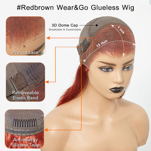 24 Inches 13"x4" Body Wavy Wear & Go Glueless #Redbrown Lace Frontal Wig-100% Human Hair