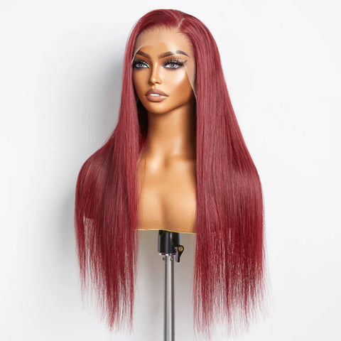 24 Inches Burgundy 13"x4" Lace Front Straight Wig Pre-Plucked Free Part 150% Density-100% Human Hair