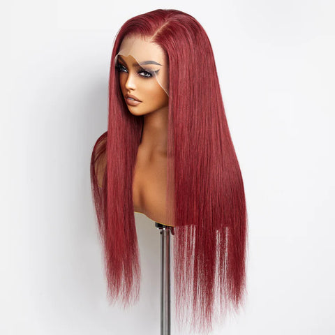 24 Inches Burgundy 13"x4" Lace Front Straight Wig Pre-Plucked Free Part 150% Density-100% Human Hair