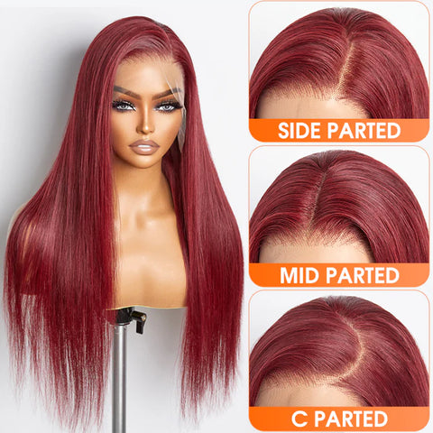 24 Inches Burgundy 13"x4" Lace Front Straight Wig Pre-Plucked Free Part 150% Density-100% Human Hair