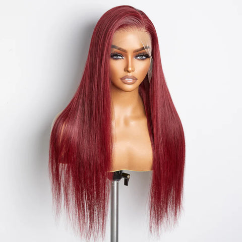 24 Inches Burgundy 13"x4" Lace Front Straight Wig Pre-Plucked Free Part 150% Density-100% Human Hair