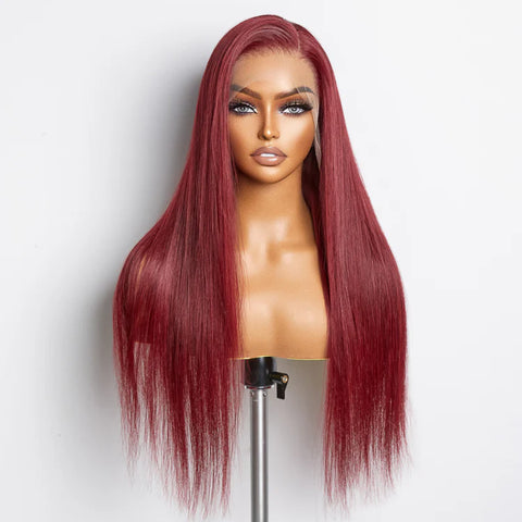 24 Inches Burgundy 13"x4" Lace Front Straight Wig Pre-Plucked Free Part 150% Density-100% Human Hair